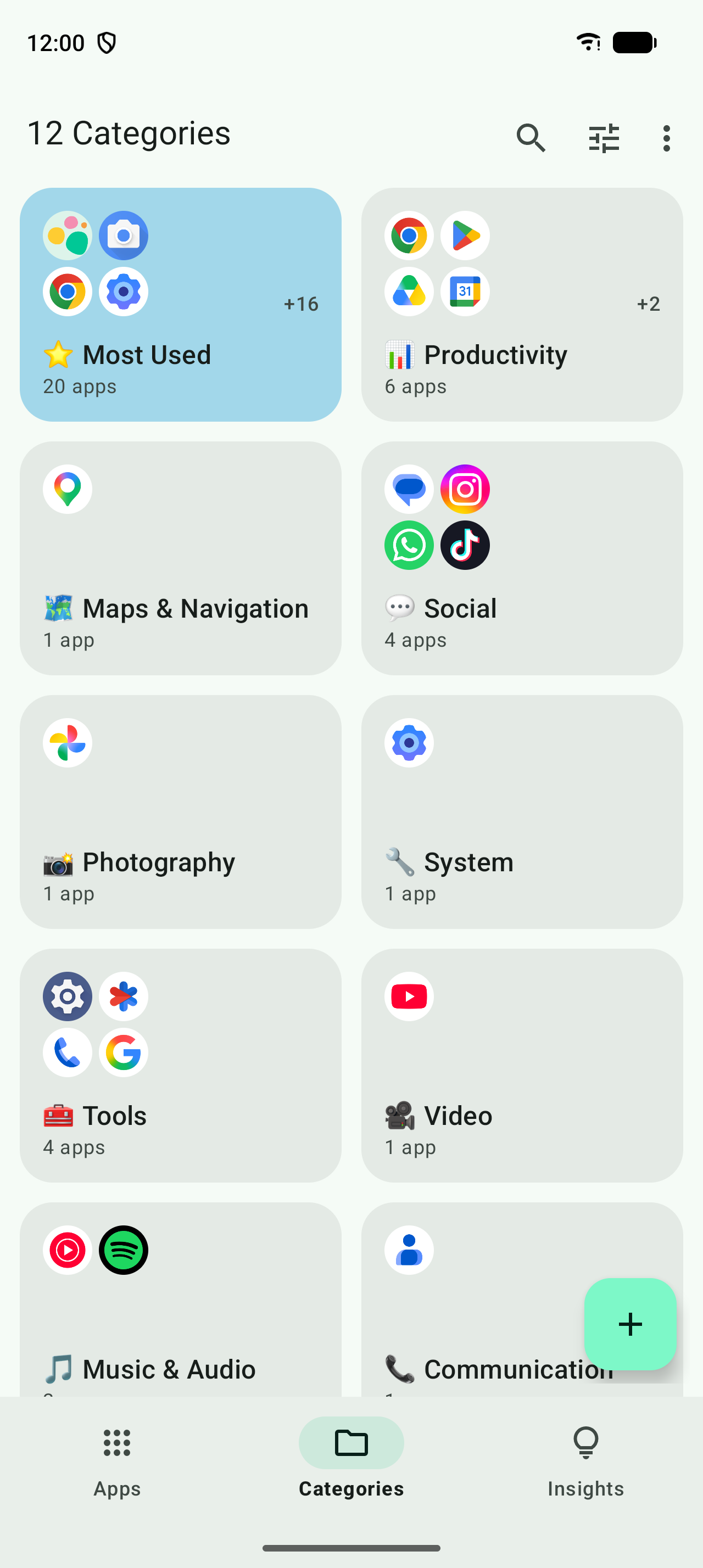 Appio categories screen with Most Used, Productivity, Social and more