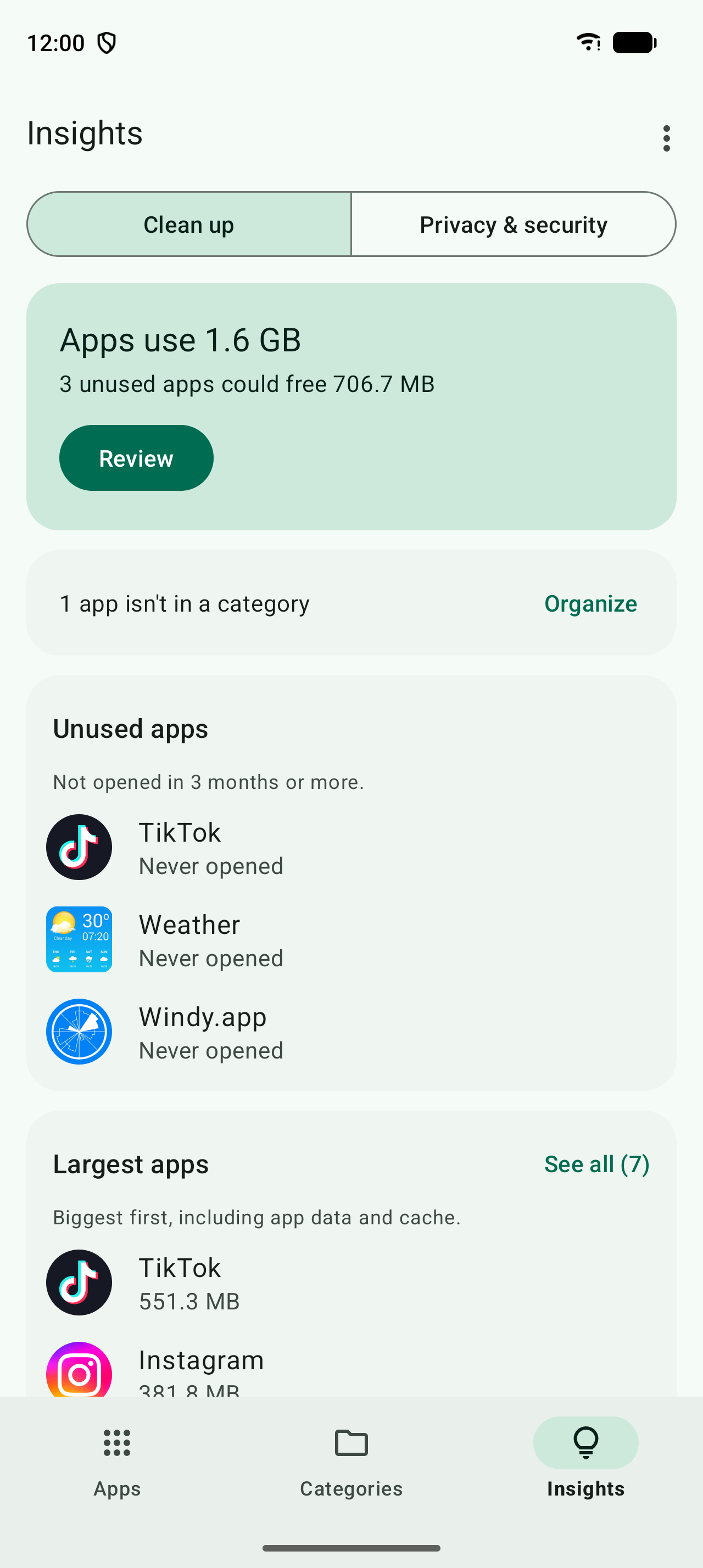 Insights clean up screen