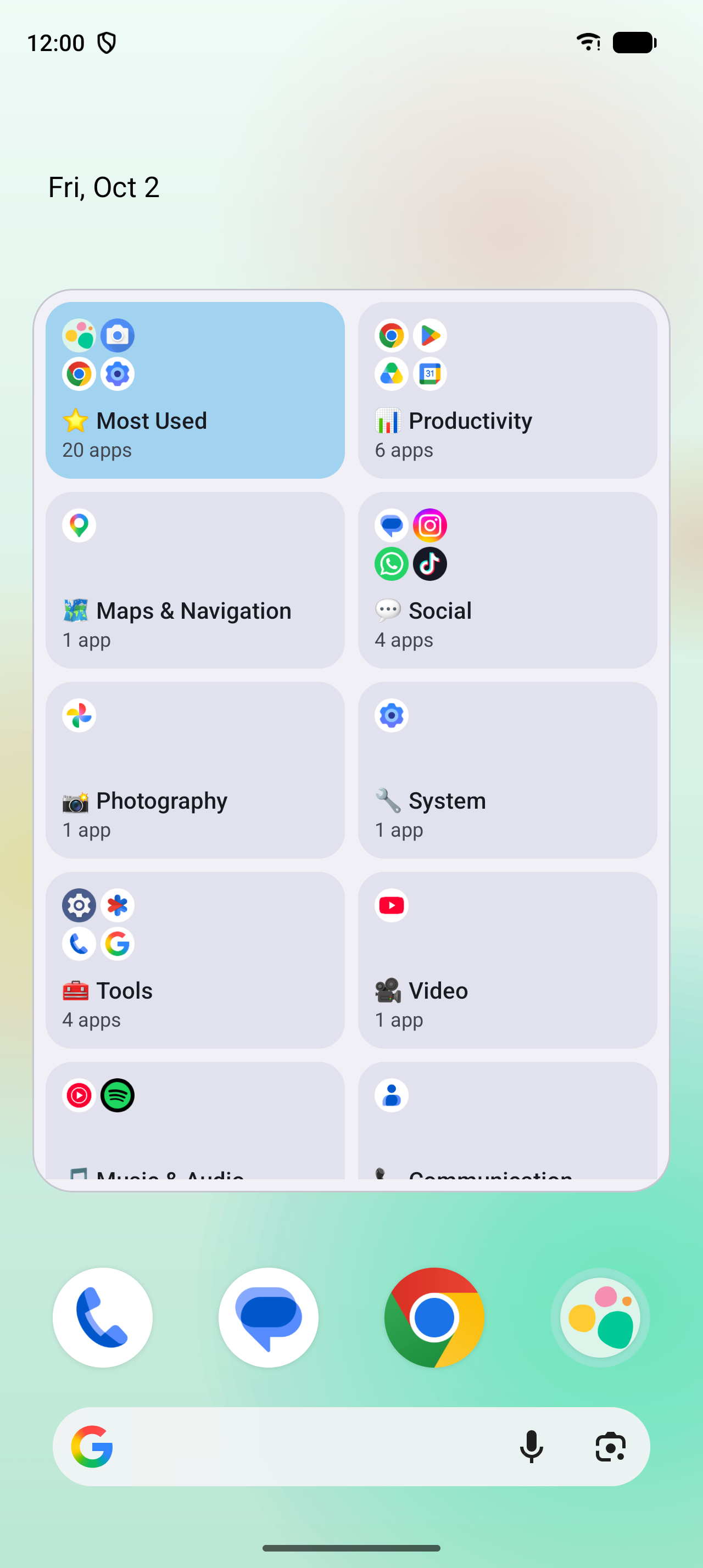 Categories widget on the home screen