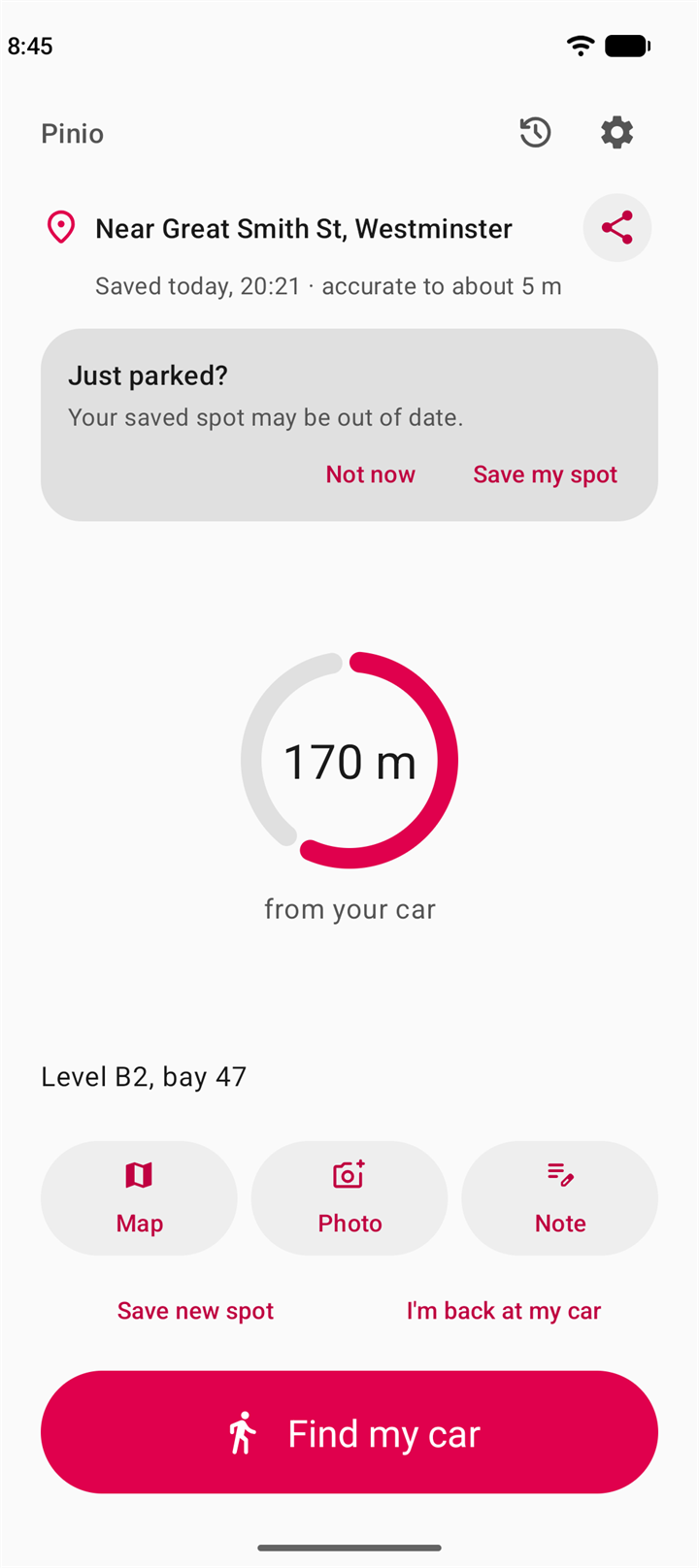 A card on the main screen asking Just parked? with Not now and Save my spot buttons