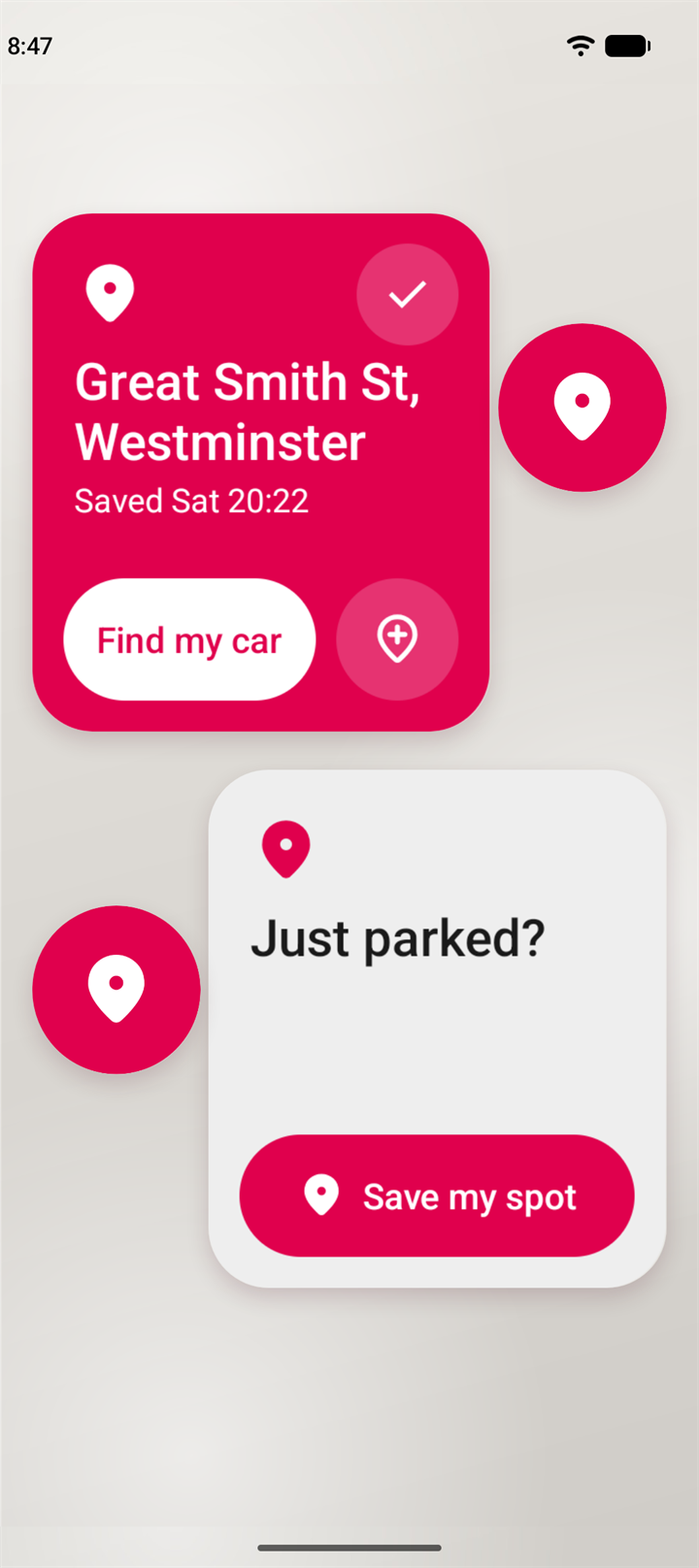 Pinio widgets: one with the address and a Find my car button, one round, and one asking Just parked? with a Save my spot button
