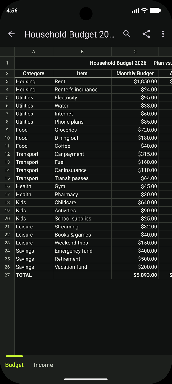 A household budget spreadsheet open in Sheetio, with currency values and sheet tabs