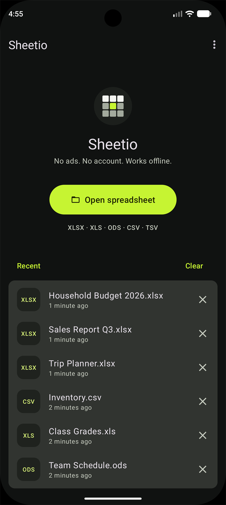 Sheetio home screen with the Open spreadsheet button and a list of recent files
