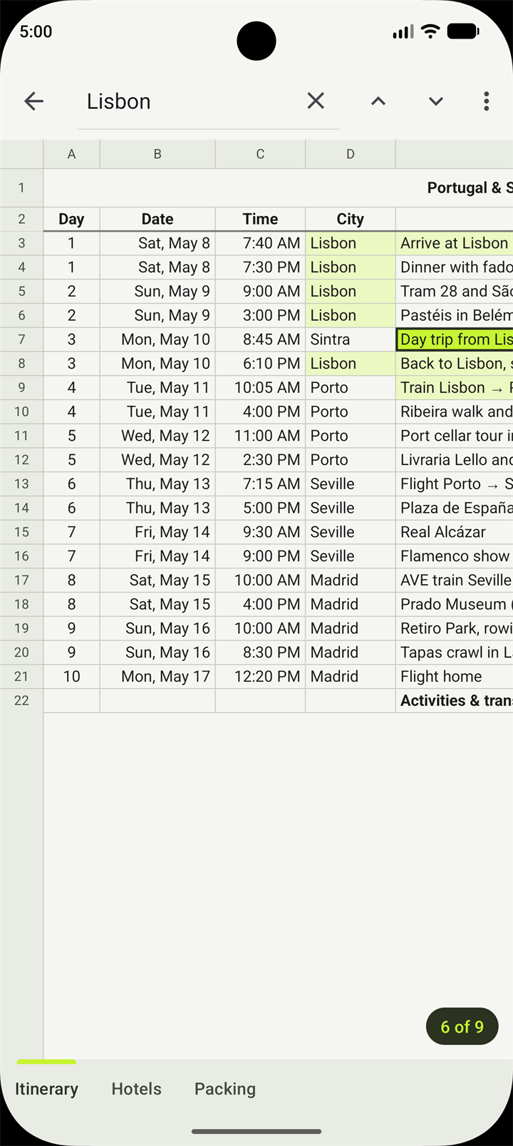 Search for Lisbon in a trip planner, with matches highlighted