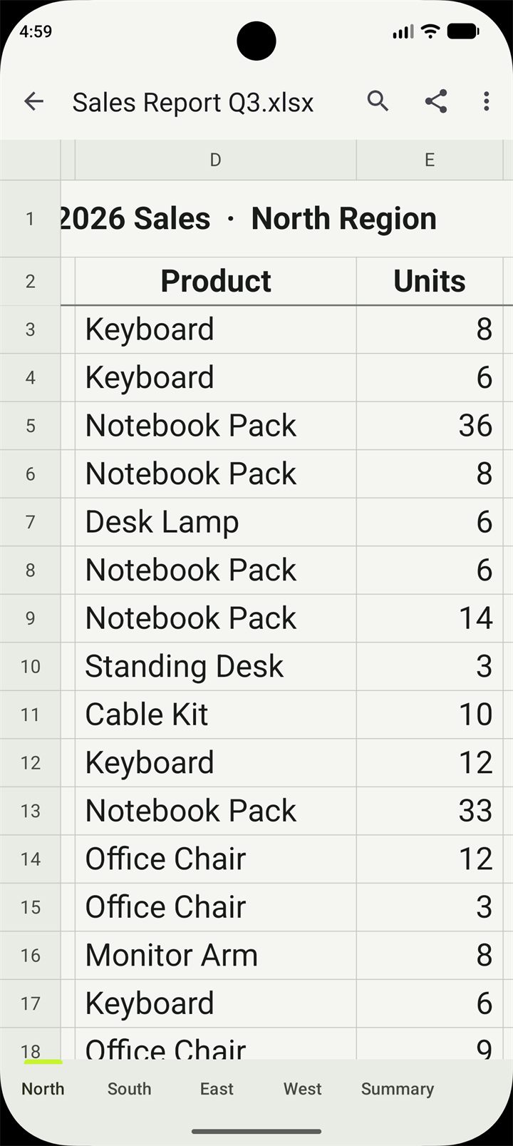 A sales report with region sheet tabs